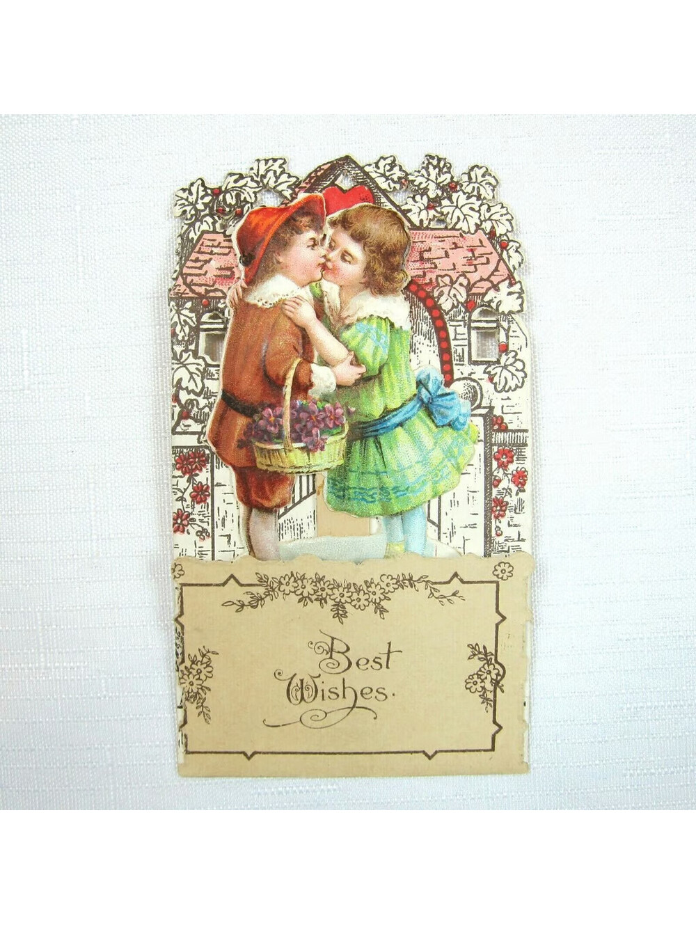 Vintage Valentine Pop Up 3D Pull Down Die Cut Boy Girl Kissing Stand Up Germany